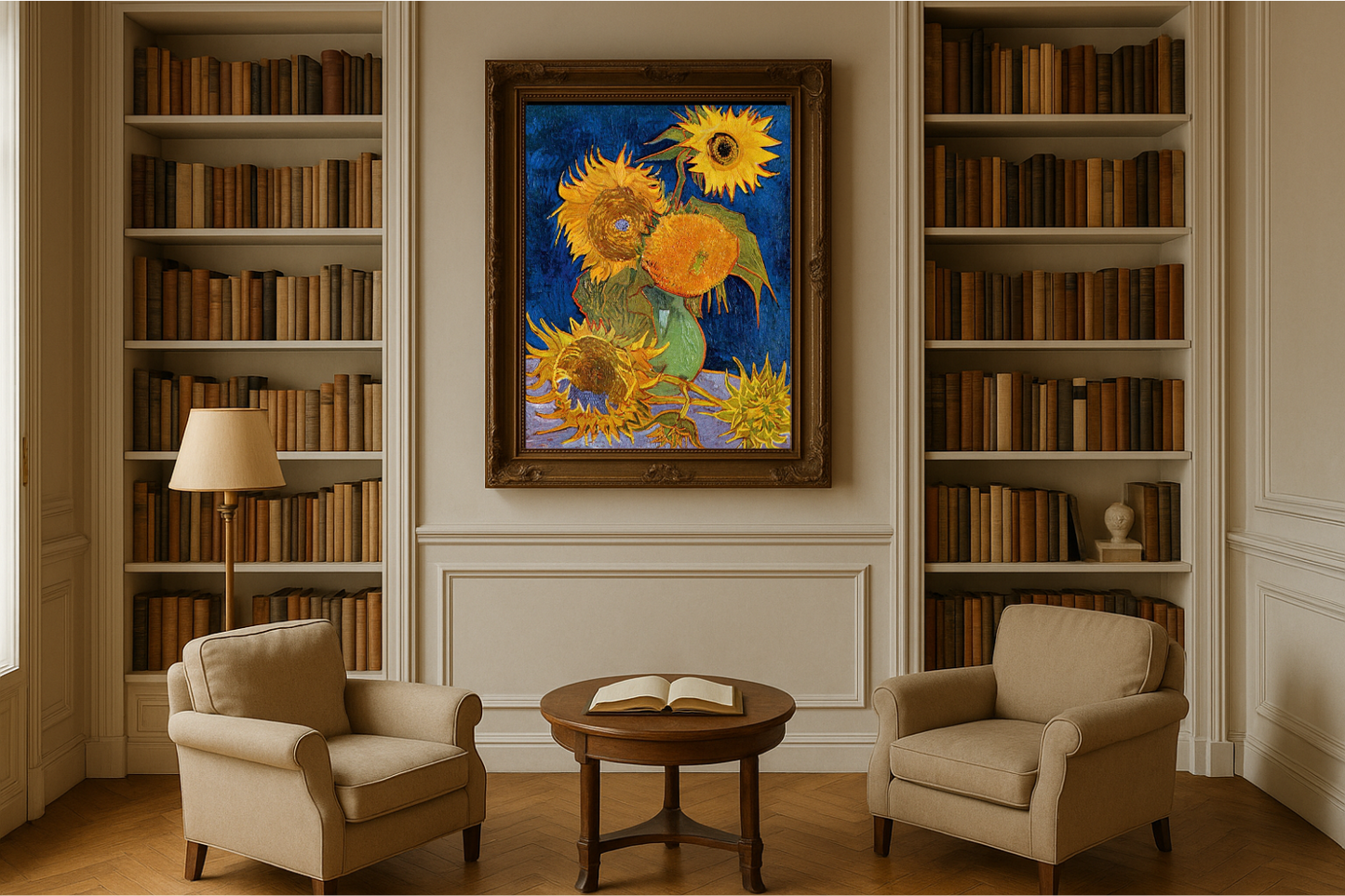 🌻 Girassóis (fundo azul royal) – Vincent van Gogh (1888)