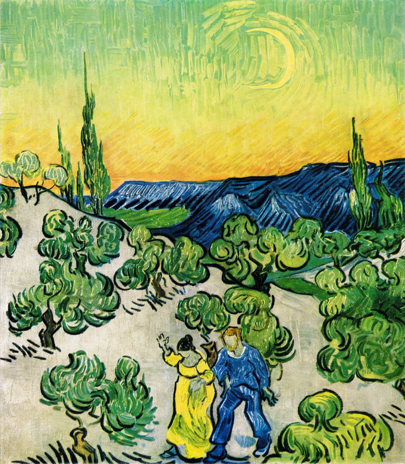 Paisagem com um casal caminhando e uma lua crescente - Vincent van Gogh