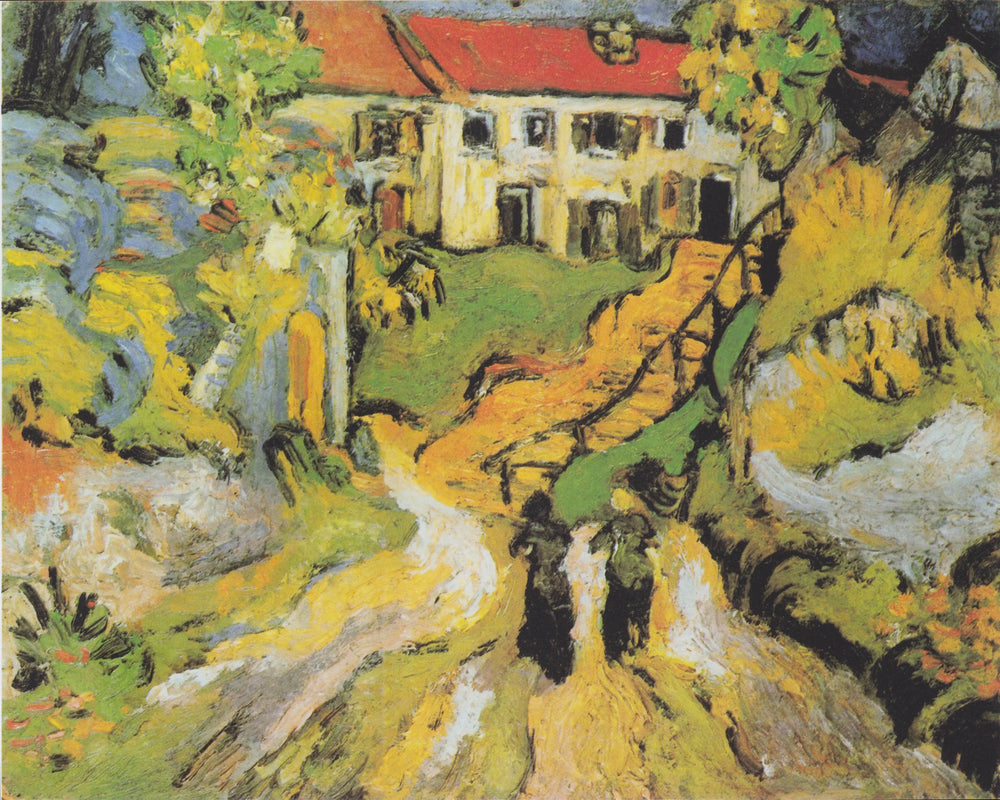 Reproduction du tableau « Rue du village et escaliers à Auvers avec deux personnages - Vincent van Gogh » par Alpha Reproduction en peinture à l’huile