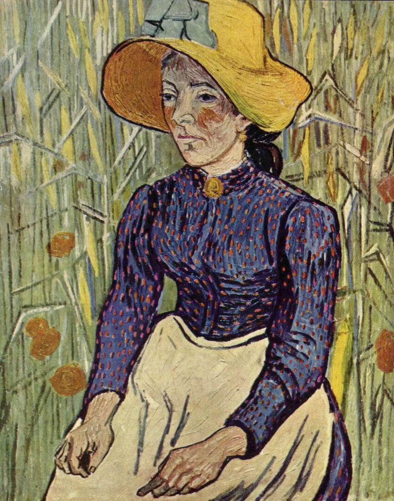 Camponesa com chapéu de palha sentada diante de um campo de trigo - Vincent van Gogh