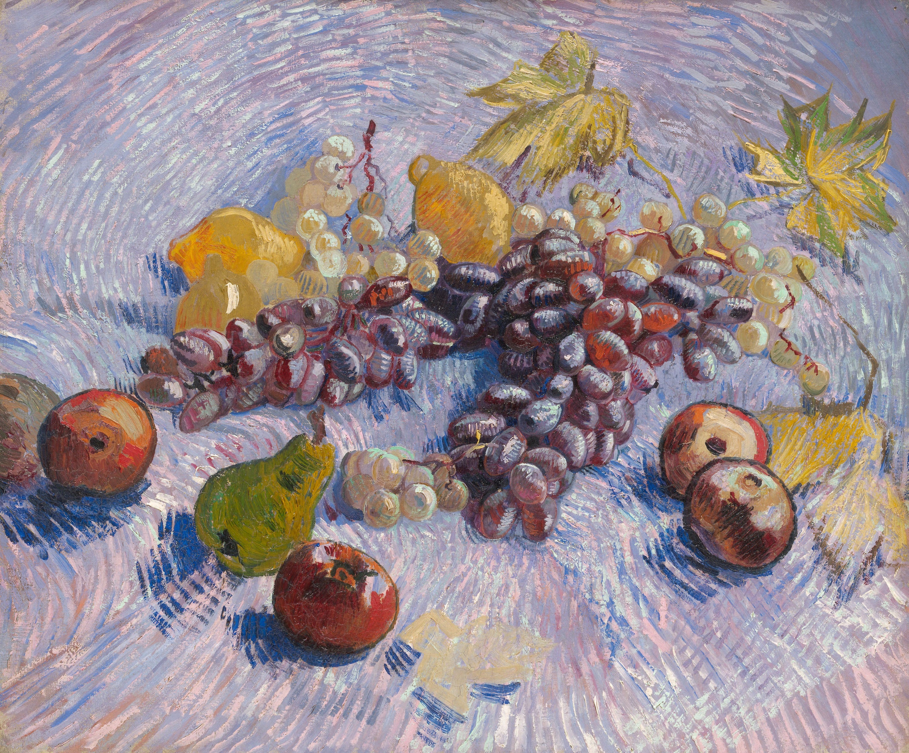 Reproduction du tableau « Pommes, poires, citron et raisin - Vincent van Gogh » par Alpha Reproduction en peinture à l’huile