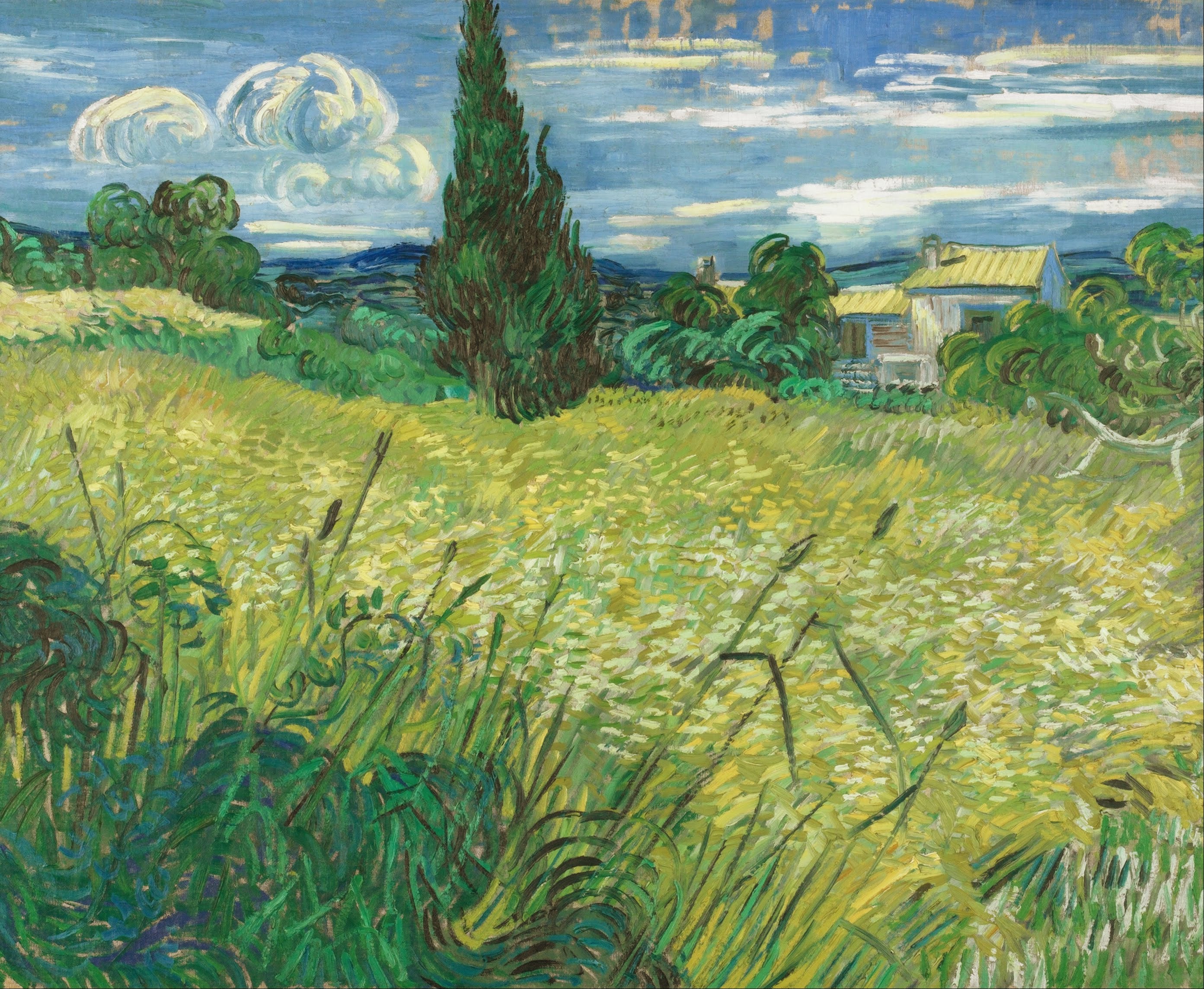 Reproduction du tableau « Le Champ de blé vert avec cyprès - Vincent van Gogh » par Alpha Reproduction en peinture à l’huile