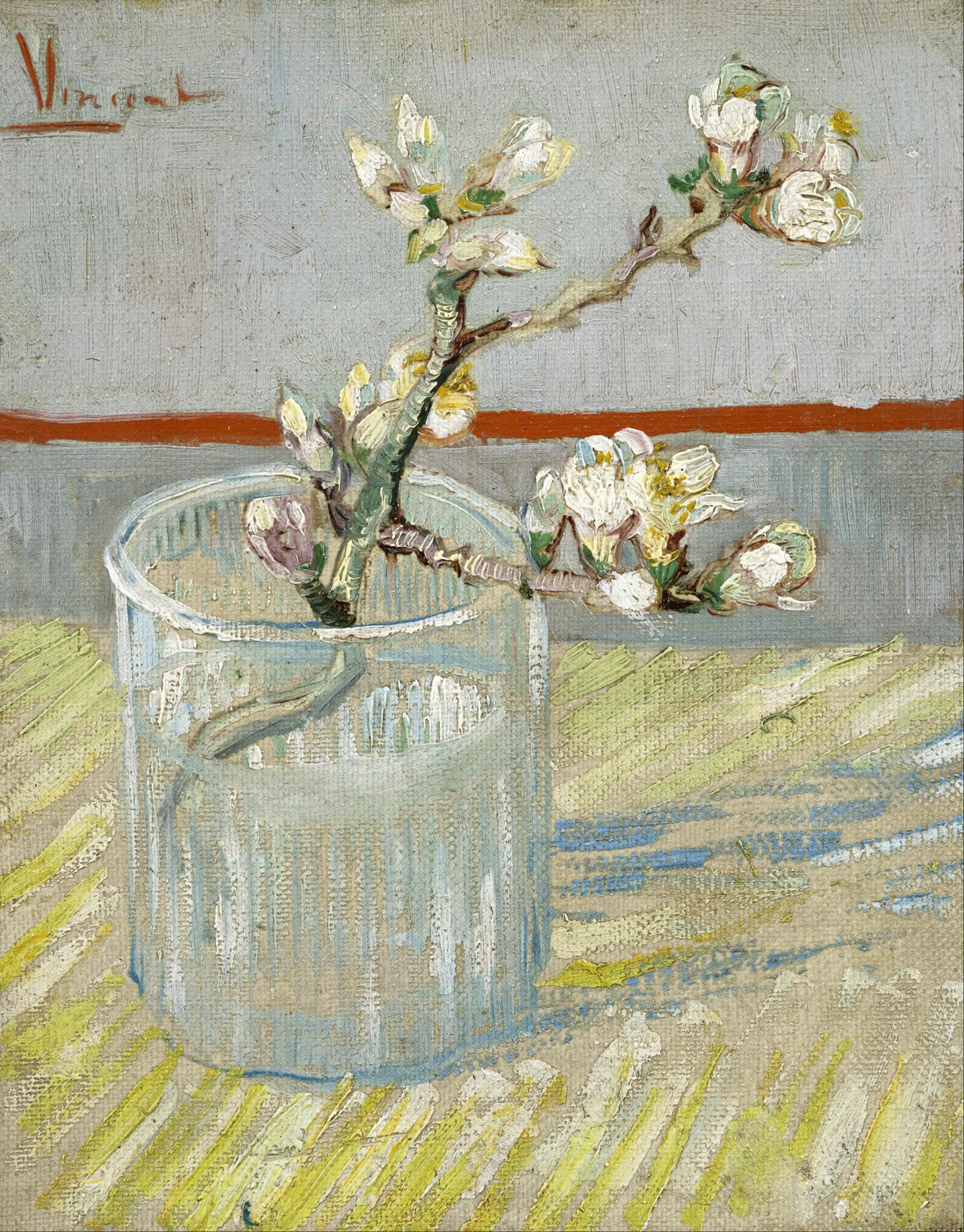 Reproduction du tableau « Branche d'amandier en fleur dans un verre - Vincent van Gogh » par Alpha Reproduction en peinture à l’huile