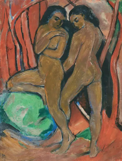 Duas meninas nuas em pé com uma pedra verde - Franz Marc