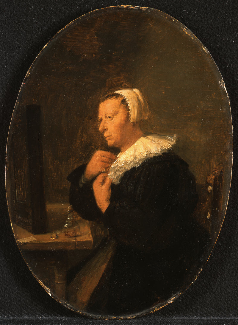 Femme assise à une table devant un miroir (se préparant) - Adriaen Brouwer
