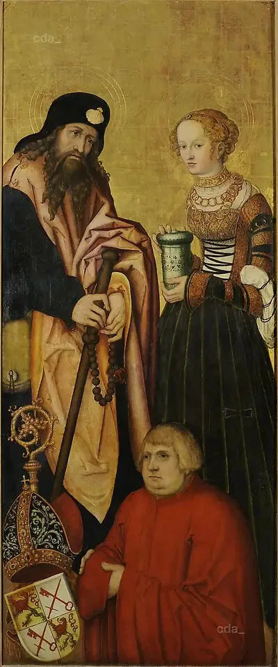 Aile do retábulo do coro oeste da catedral de Naumbourg [interior]: o apóstolo Tiago, o Velho, e Santa Maria Madalena com o bispo João III de Schönberg (1492-1517) como doador [interior] - Lucas Cranach, o Velho
