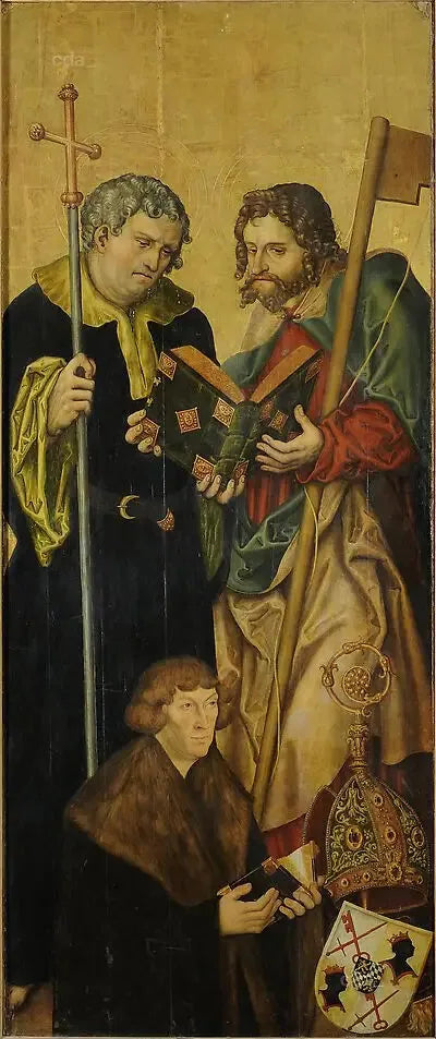 Asas do retábulo do coro oeste da catedral de Naumburgo [ala esquerda]: o apóstolo Filipe e Jacó, o Jovem, com Filipe, conde palatino do Reno (1480-1541), bispo de Freising (s) - Lucas Cranach, o Velho