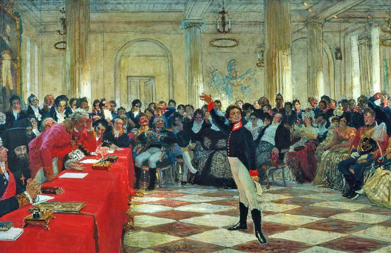 Alexandre Sergueïevitch Pouchkine recita seu poema diante de Gavrila Derjavin durante o exame do colégio de Tsarskoïe Selo em 8 de janeiro de 1815. - Ilya Repin
