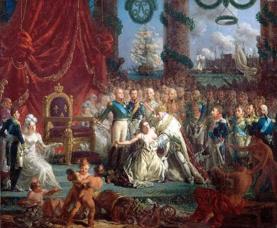 Alegoria do retorno dos Bourbon em 24 de abril de 1814: Luís XVIII levantando a França de suas ruínas. - Louis-Philippe Crépin