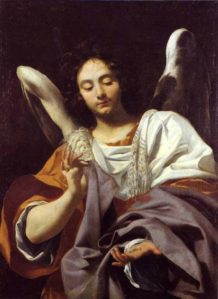 Anjo segurando os dados e a túnica - Simon Vouet