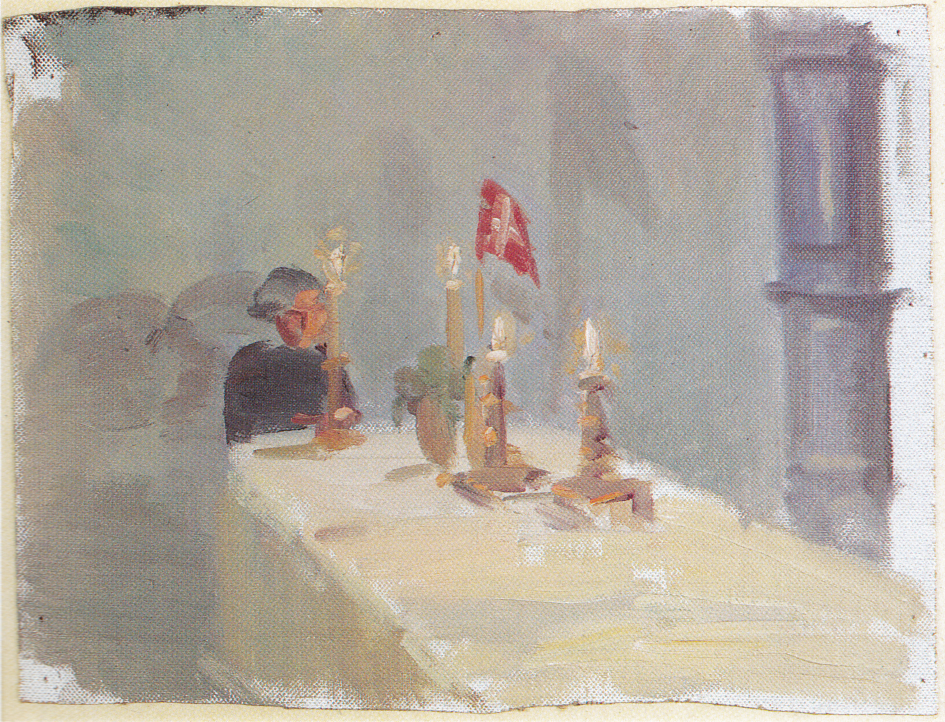 Anniversaire. Une femme au bout d'une table avec des bougies et un drapeau. - Anna Ancher image 1 tableau peint à l’huile sur toile