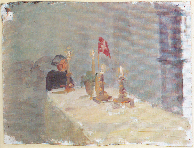 Aniversário. Uma mulher no final de uma mesa com velas e uma bandeira. - Anna Ancher