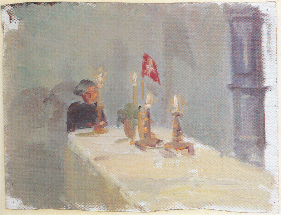 Aniversário. Uma mulher no final de uma mesa com velas e uma bandeira. - Anna Ancher