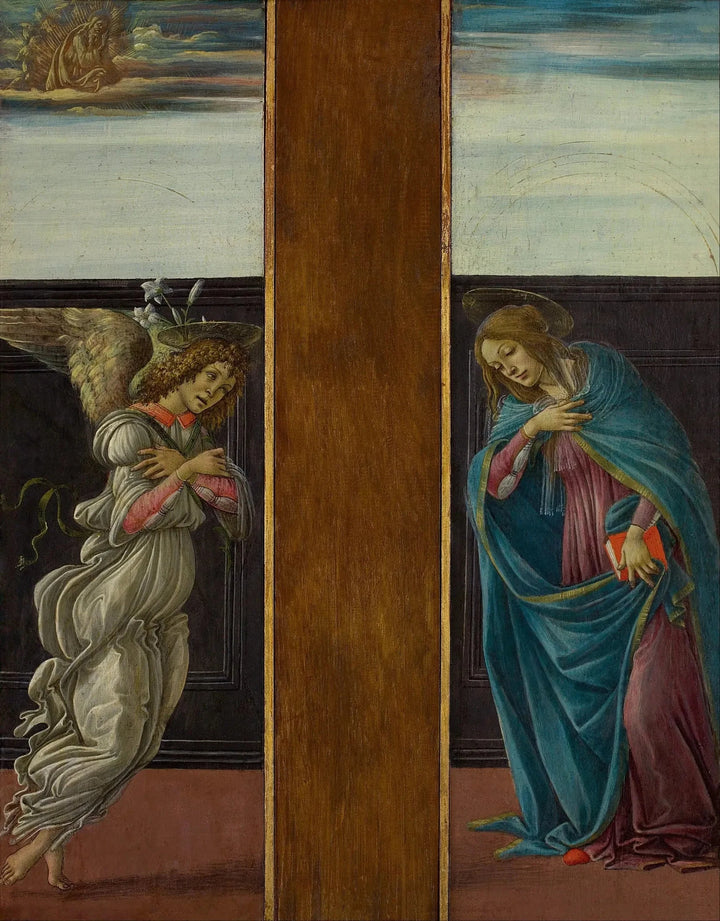 A Anunciação: Gabriel e a Virgem, 1495-1498 - Botticelli e oficina