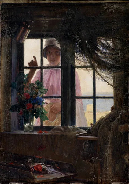Após o banho. Uma jovem bate na janela do pescador. - Carl Heinrich Bloch