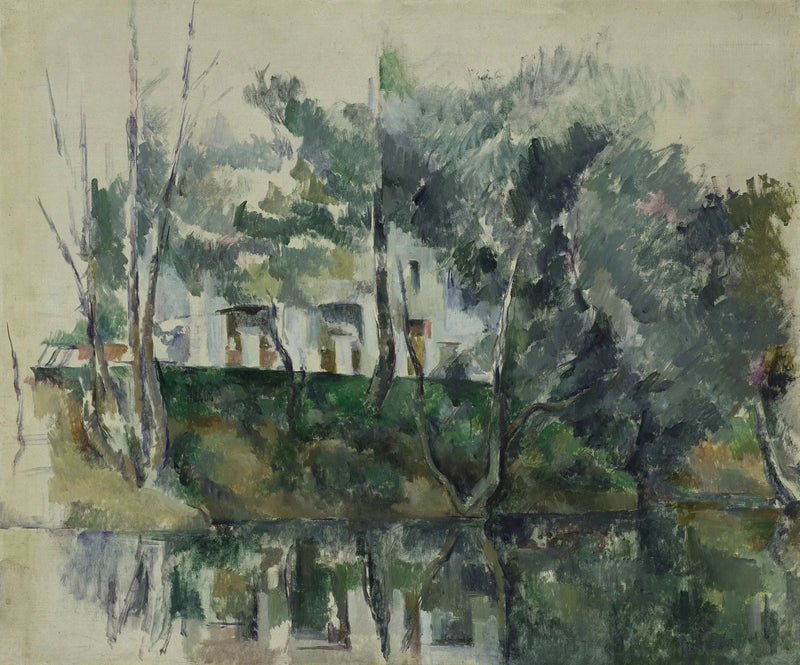 Árvores e casas à beira da água - Paul Cézanne