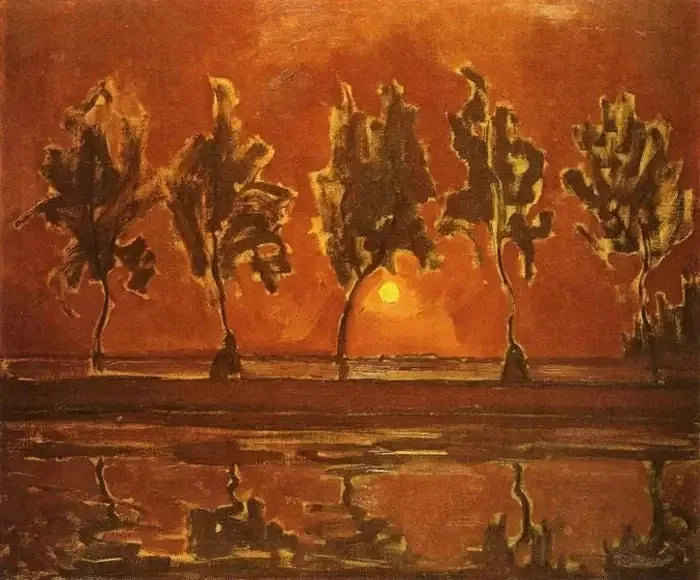 Árvores perto do Gein ao nascer da lua - Piet Mondrian