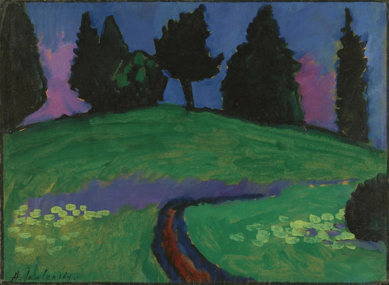 Árvores sombrias em uma encosta verde - Alexej von Jawlensky
