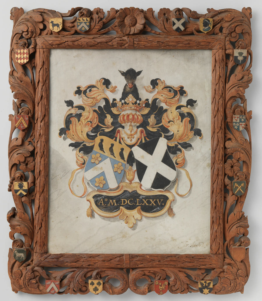 Les armoiries de l'alliance de Jan Boudaen Courten et Anna Maria Hoeufft, arrière-grands-parents de Jacob Verheye van Citters, dans un cadre en bois sculpté avec les armoiries des seize quartiers du couple - Joost van Attevelt