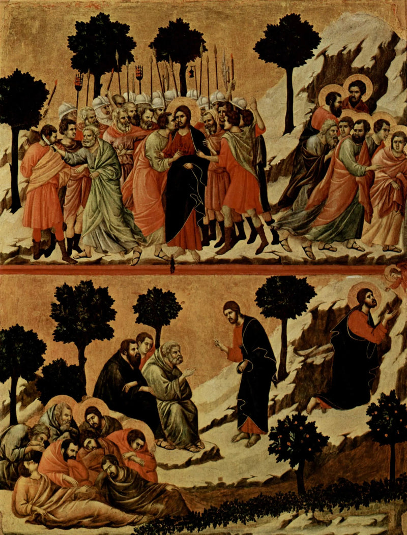 Prisão de Jesus (acima); Agonia no jardim (abaixo) - Duccio di Buoninsegna