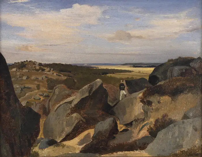 Artista passando por um caos de rochas em Fontainebleau - Jean-Baptiste Camille Corot