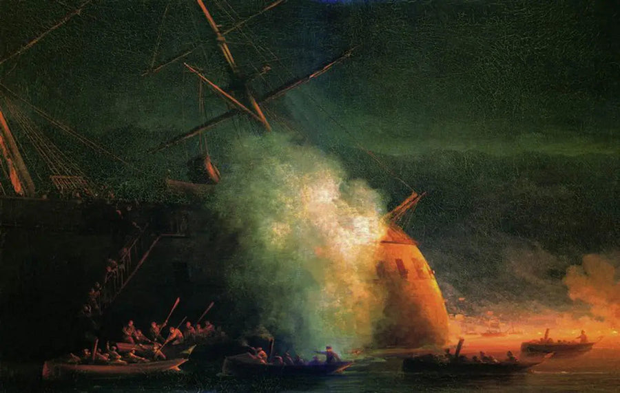 Ataque de mina por barcos do navio de passageiros Grand-Duc Konstantin do couraçado turco Assari-Shevket na baía de Soukhoum em 12 de agosto de 1877 - Ivan Aïvazovski