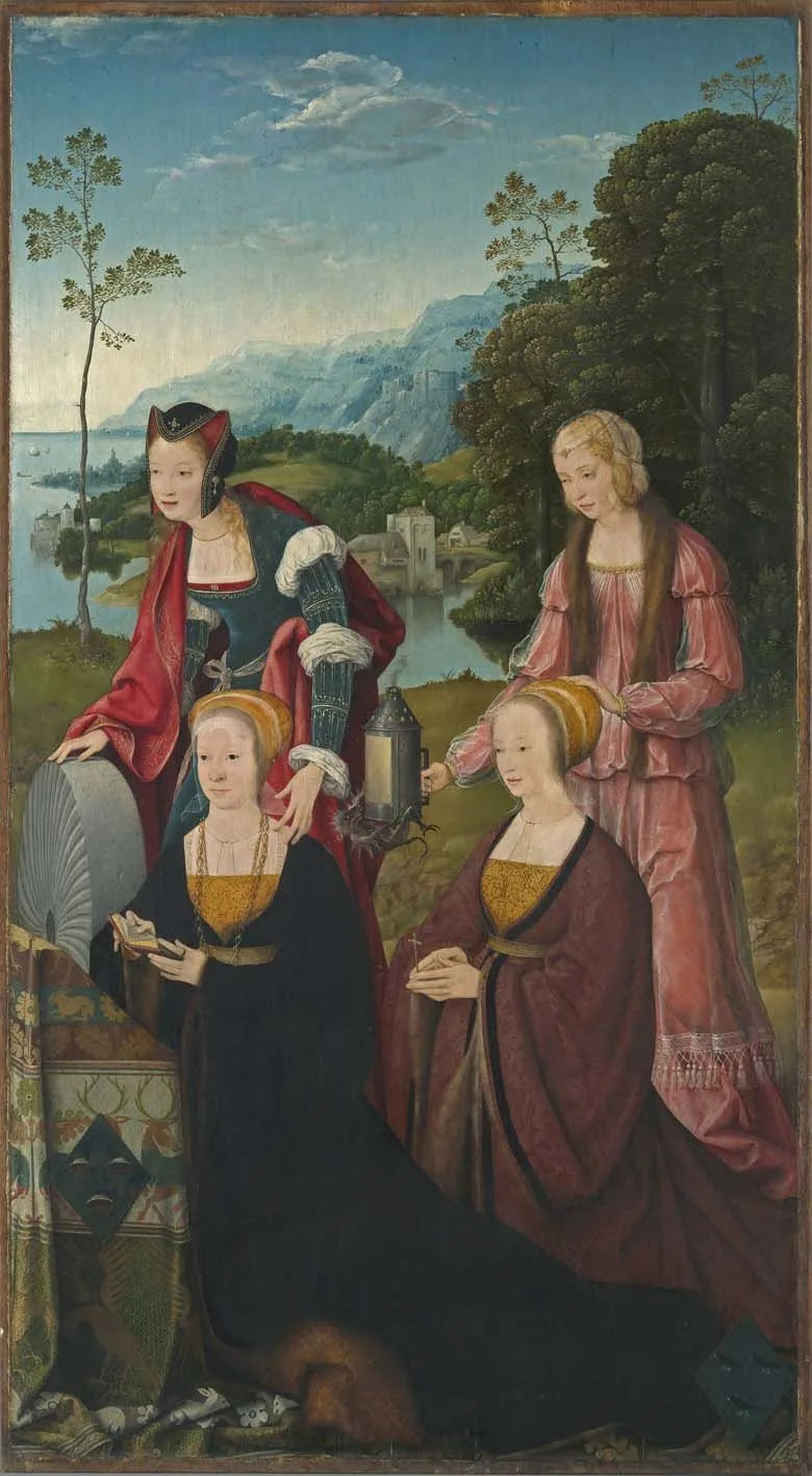 Autel de Marientod : Santas Christine e Gudula com as doadoras Christine e Sibilla Hackeney atrás; do lado de fora: Santos Sebastião e Roch - Joos van Cleve