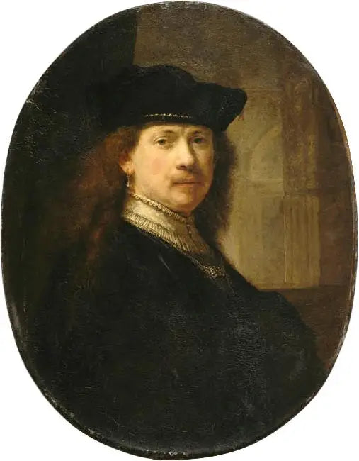 Autorretrato com touca sobre fundo de arquitetura - Rembrandt