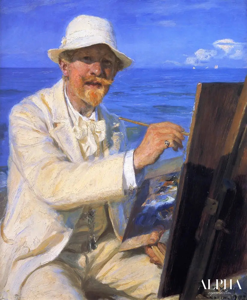 Autoportrait, assis près de son chevalet à la plage de Skagen - Peder Severin Kroyer - Reproductions de tableaux et peintures haut de gamme