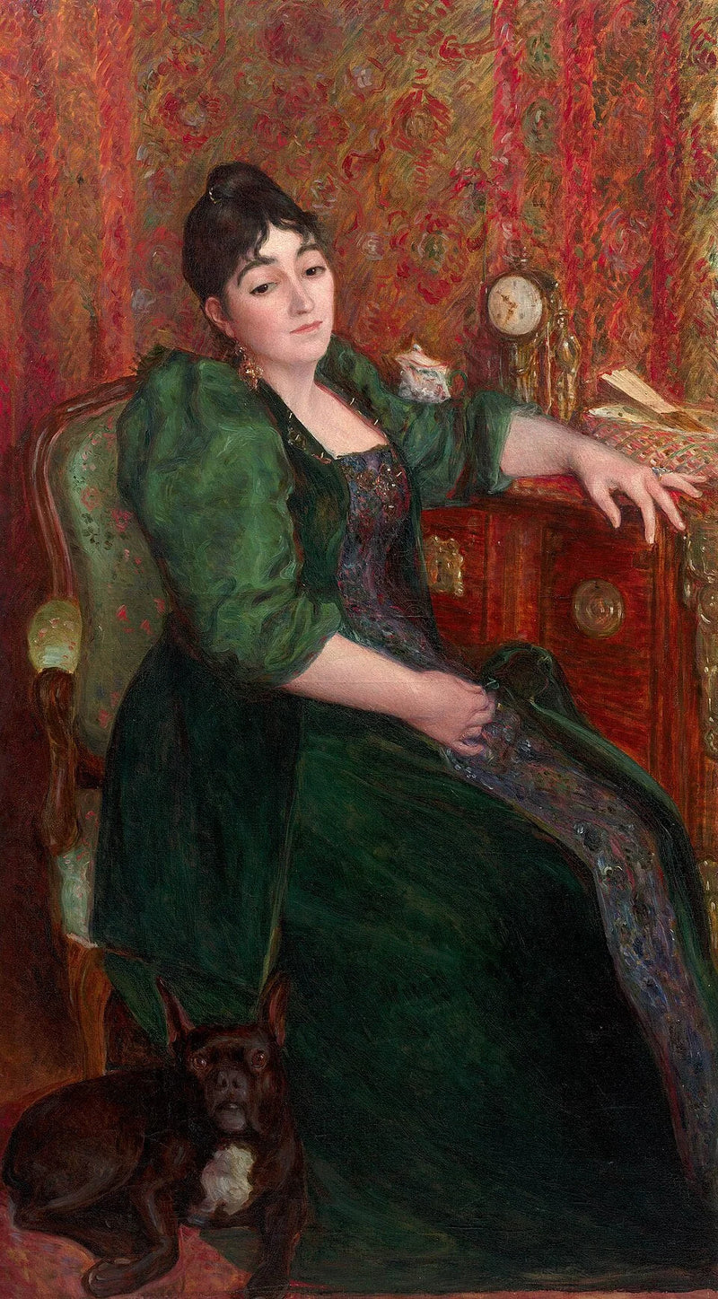 Autorretrato do artista em uma poltrona com Bob, seu buldogue francês - Marie Bracquemond