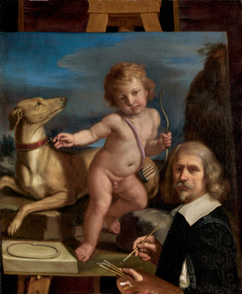 Autorretrato diante de uma pintura que representa « Amor Fiel » - Guercino
