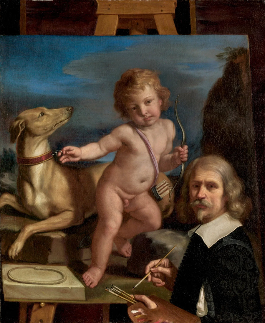 Autorretrato diante de uma pintura que representa « Amor Fiel » - Guercino