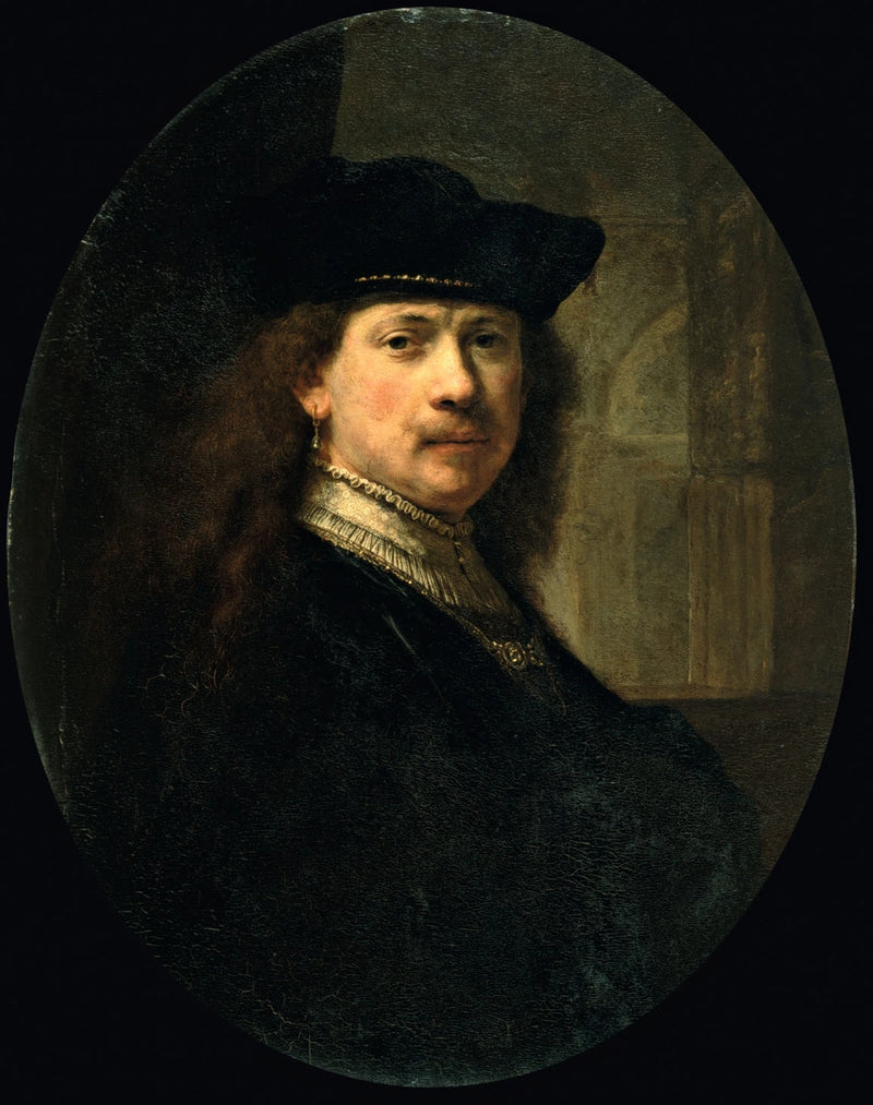 Autorretrato com touca sobre fundo de arquitetura - Rembrandt