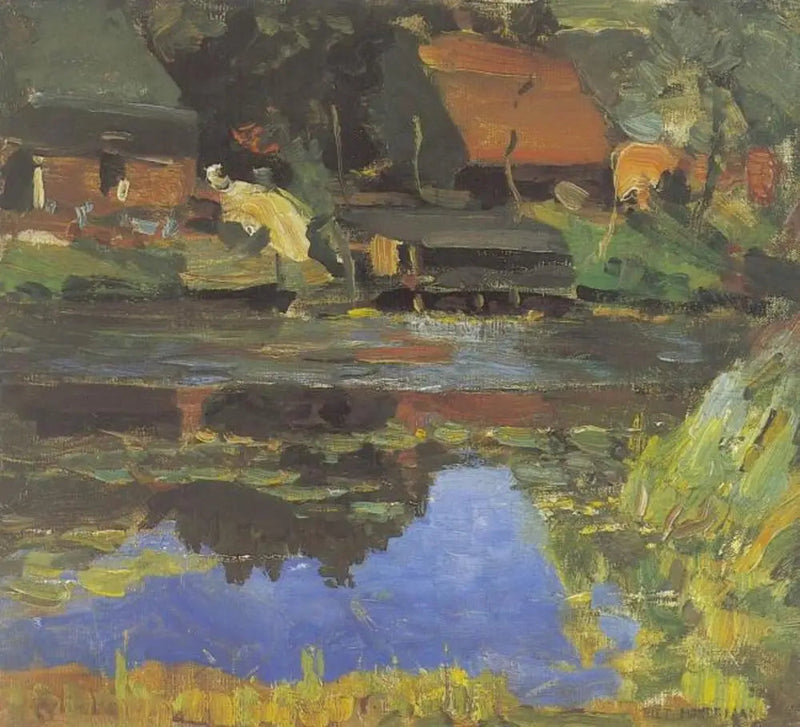 Edifícios à beira da água com um lavadouro - Piet Mondrian