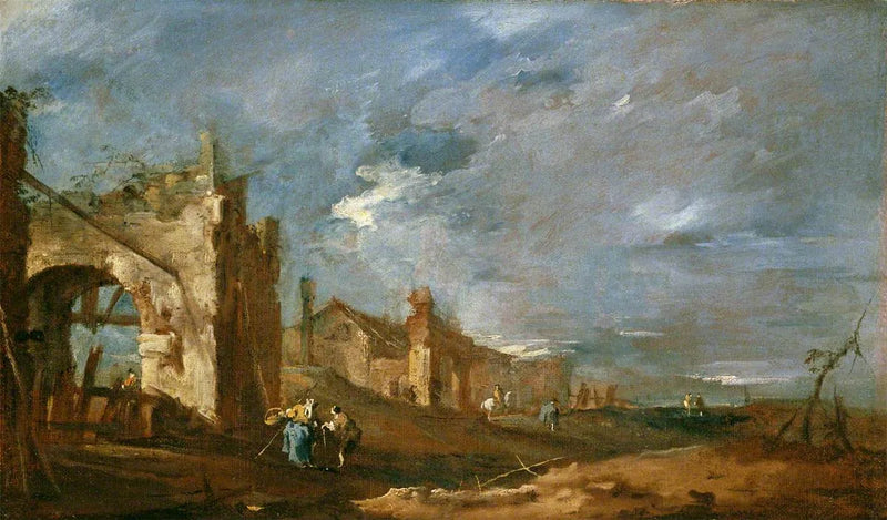 Edifícios em ruínas e personagens à beira da lagoa - Francesco Guardi