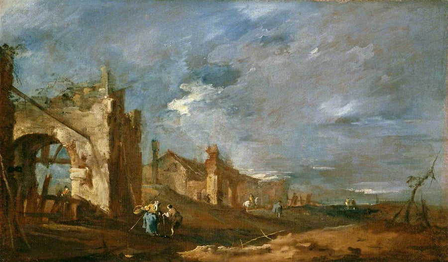 Edifícios em ruínas e personagens à beira da lagoa - Francesco Guardi