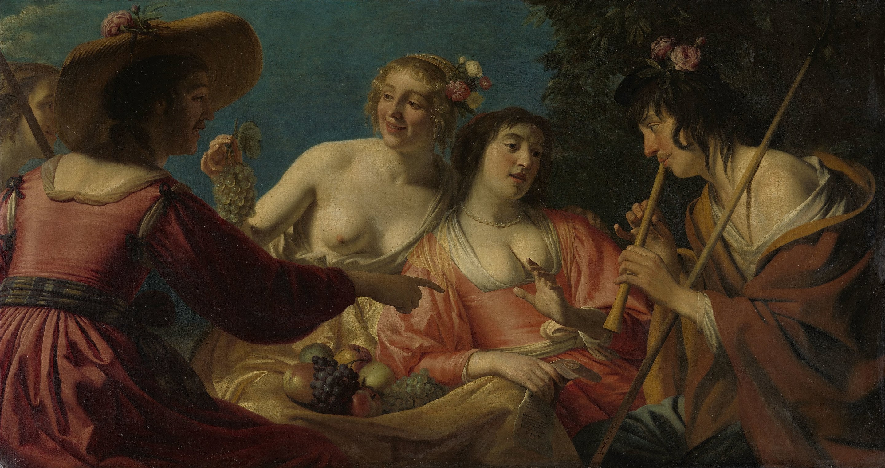 Berger jouant de la flûte et quatre bergères - Gerrit van Honthorst image 1 copie de tableau peinte à la main