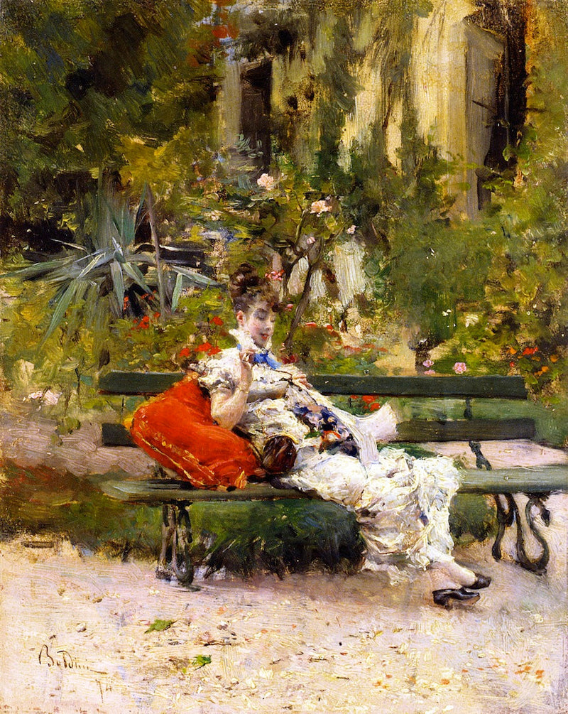 Berthe costurando no jardim - Giovanni Boldini