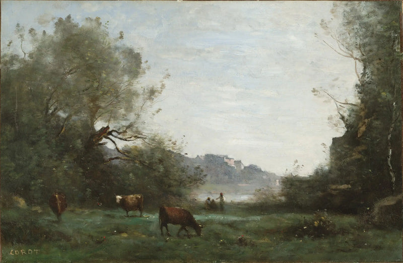 Gado pastando em um vale arborizado - Jean-Baptiste Camille Corot