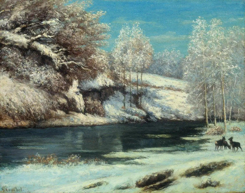 Bichos e veados perto de um rio - Gustave Courbet