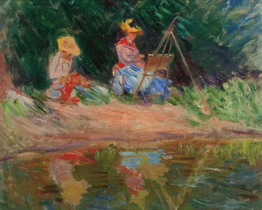 Blanche Monet pintando com sua irmã Suzanne à beira da água - Claude Monet
