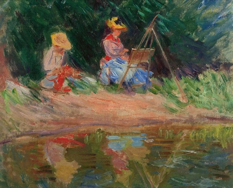 Blanche Monet pintando com sua irmã Suzanne à beira da água - Claude Monet