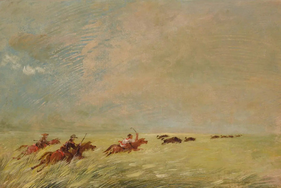 Bogard, Batiste e eu caçando bisões na grama alta com fundo do Missouri - George Catlin