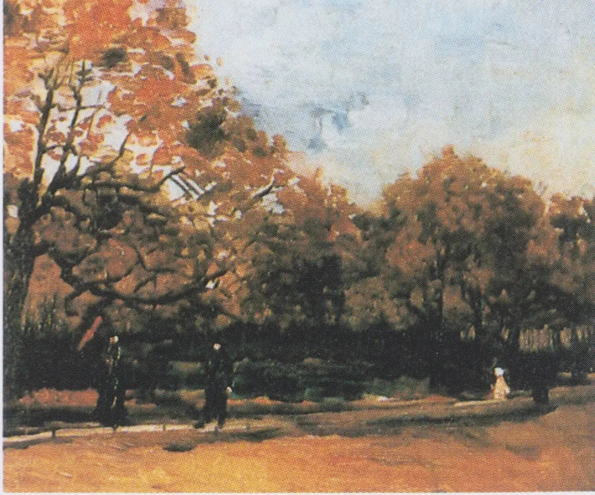 Le Bois de Boulogne avec des promeneurs F225 — arbres d’automne et silhouettes peints par Vincent van Gogh