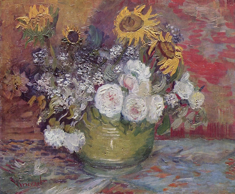 Tigela com girassóis, rosas e outras flores - Vincent van Gogh