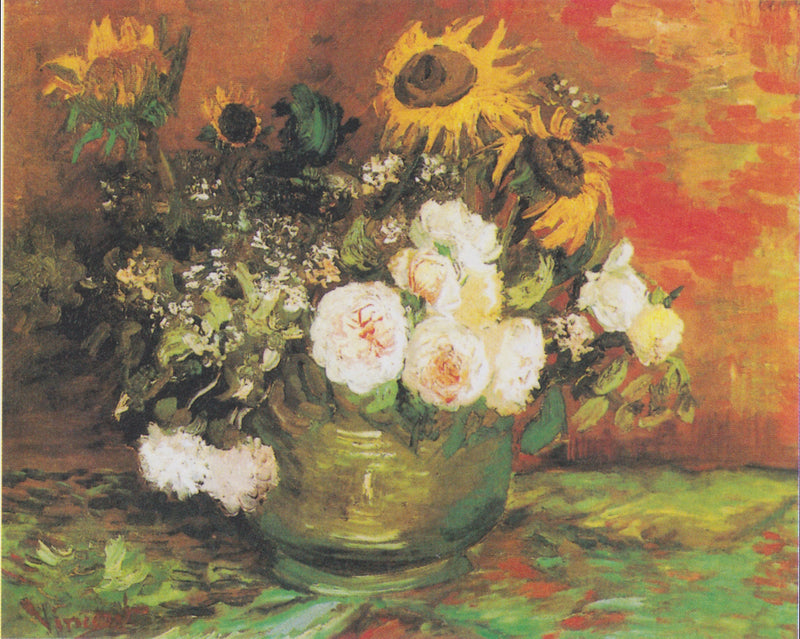 Tigela com girassóis, rosas e outras flores - Vincent van Gogh