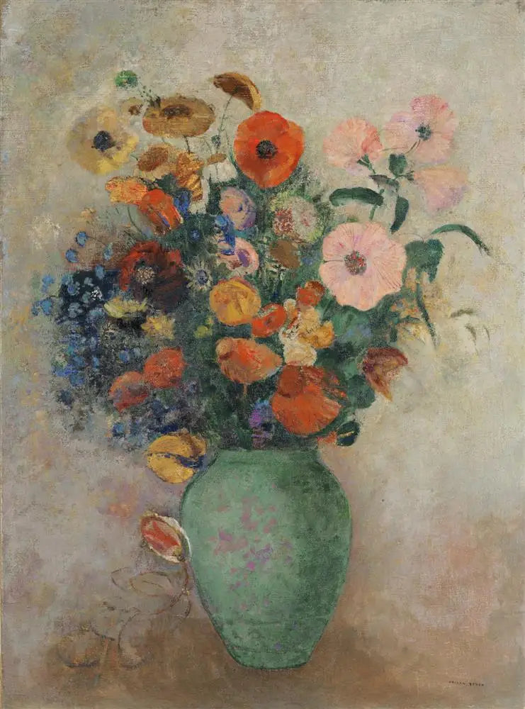 Buquê de flores em um vaso verde - Odilon Redon