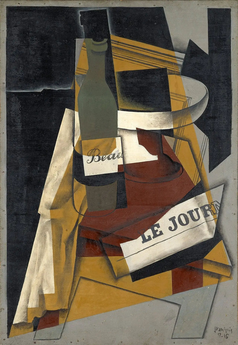 Garrafa e tigela de sobremesa (Garrafa, jornal e tigela de sobremesa) - Juan Gris