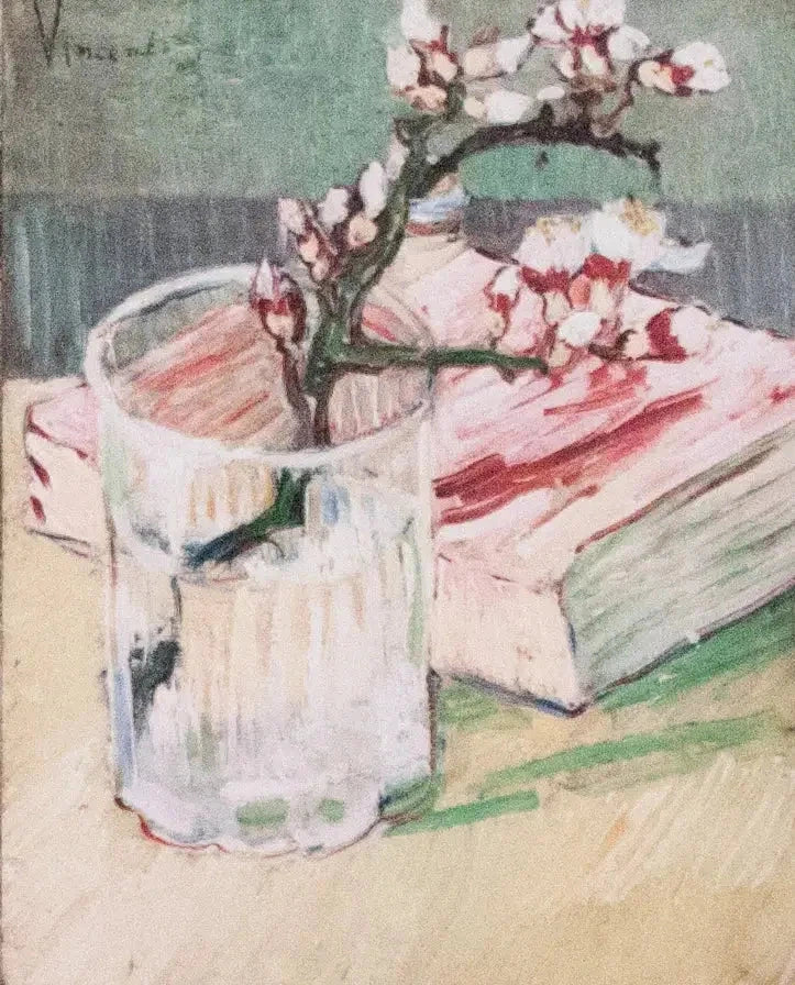 Galho de amendoeira em flor em um copo com um livro - Vincent van Gogh