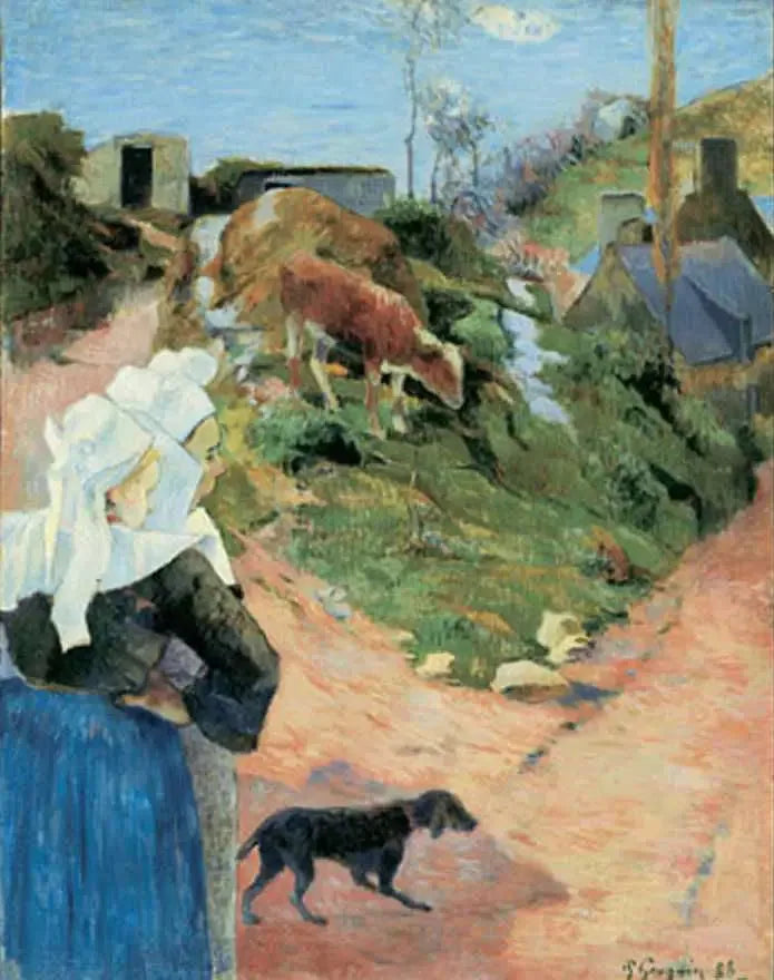 Bretonas na curva de uma estrada, ou Bretonas e bezerro - Paul Gauguin